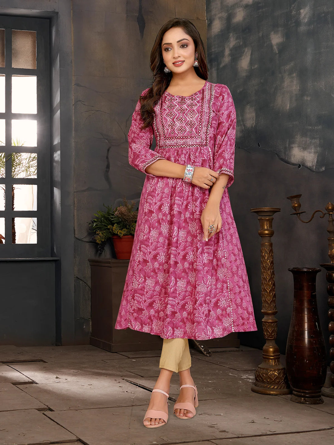 Buy Rayon Embroidered Flared Calf Length Kurta-Light Pink