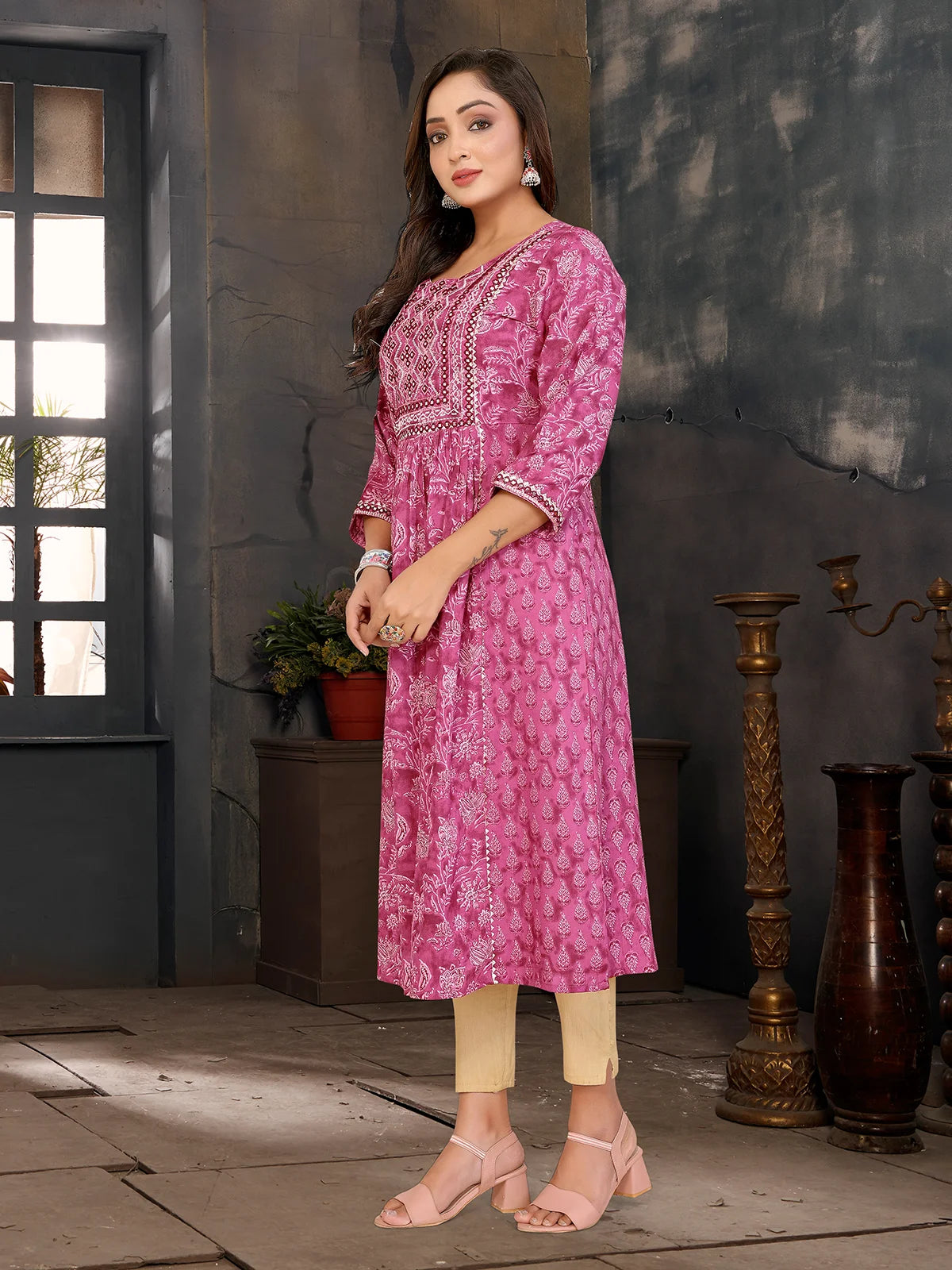 Buy Rayon Embroidered Flared Calf Length Kurta-Light Pink