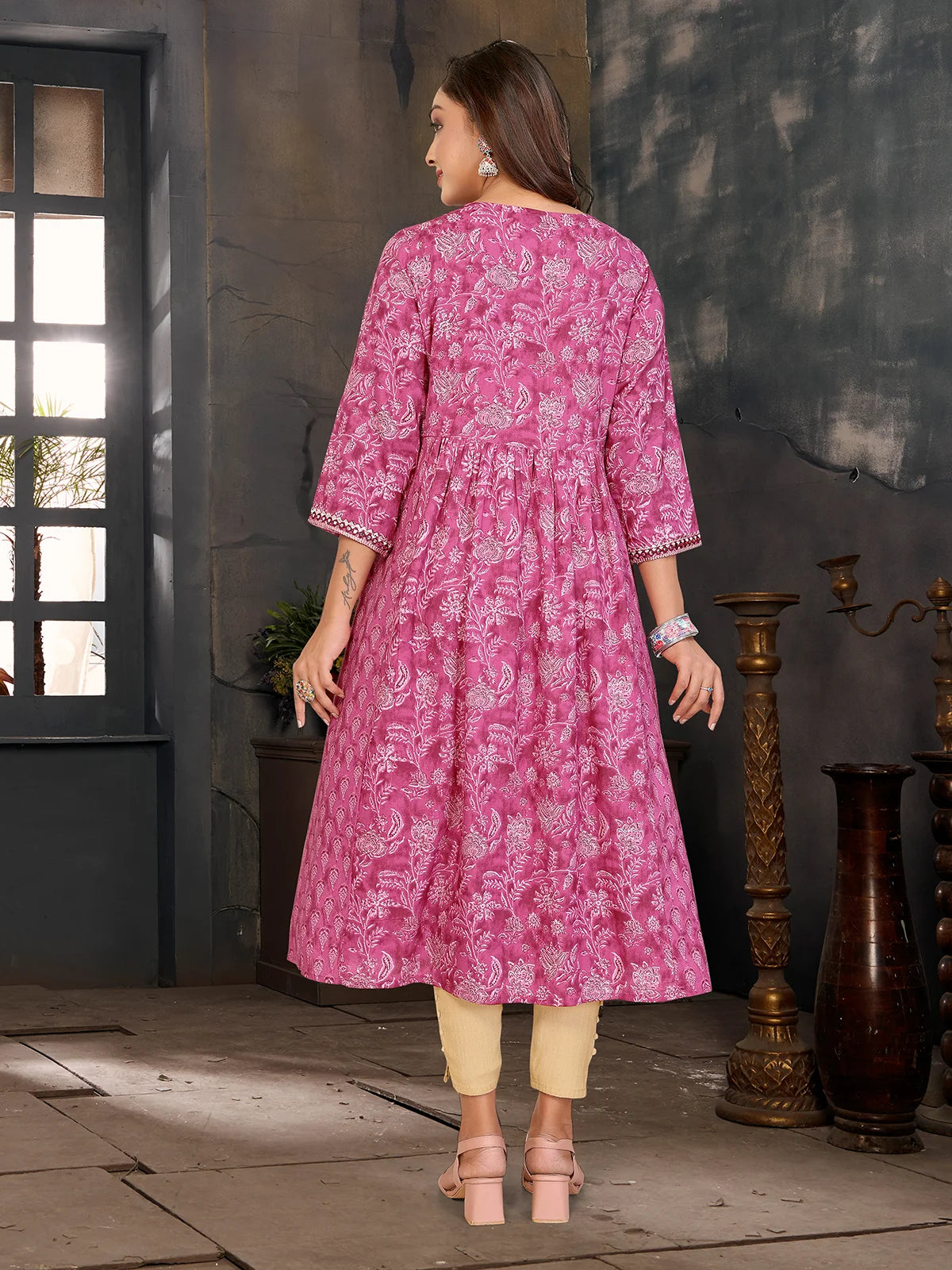 Buy Rayon Embroidered Flared Calf Length Kurta-Light Pink
