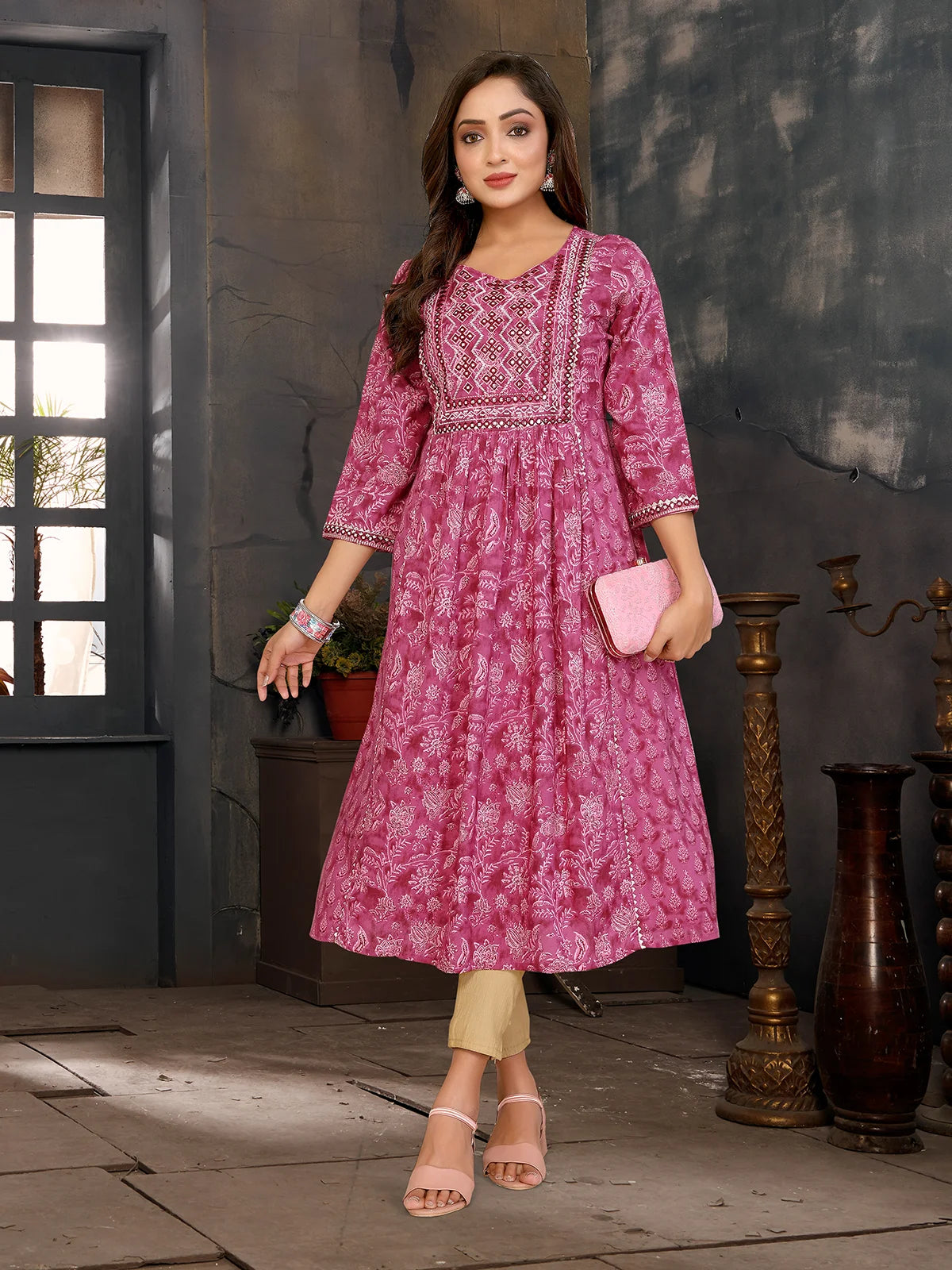 Buy Rayon Embroidered Flared Calf Length Kurta-Light Pink