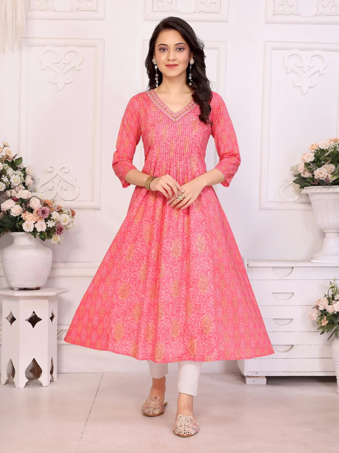 Buy Cotton Embroidered Anarkali Calf Length Kurta-Pink