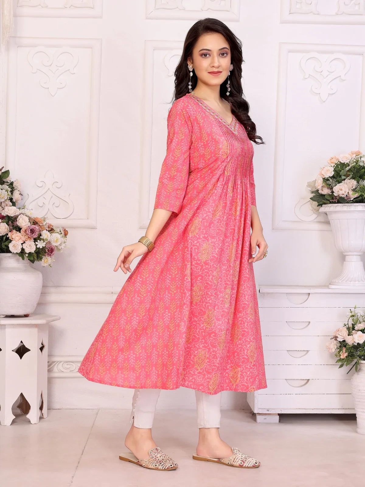 Buy Cotton Embroidered Anarkali Calf Length Kurta-Pink