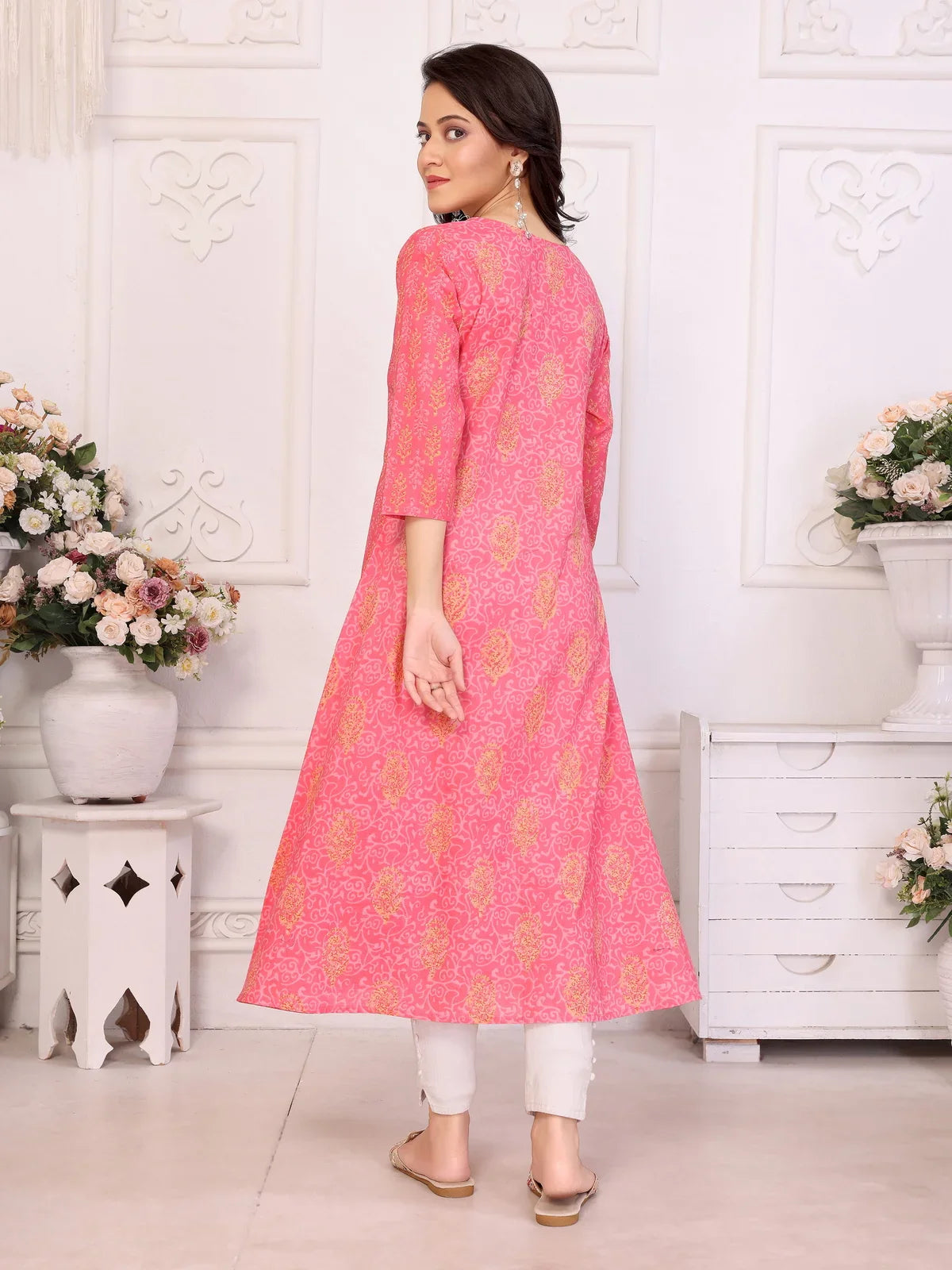 Buy Cotton Embroidered Anarkali Calf Length Kurta-Pink