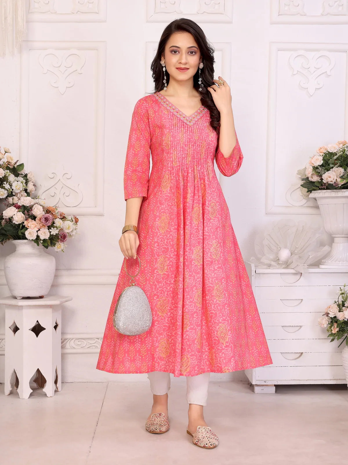 Buy Cotton Embroidered Anarkali Calf Length Kurta-Pink