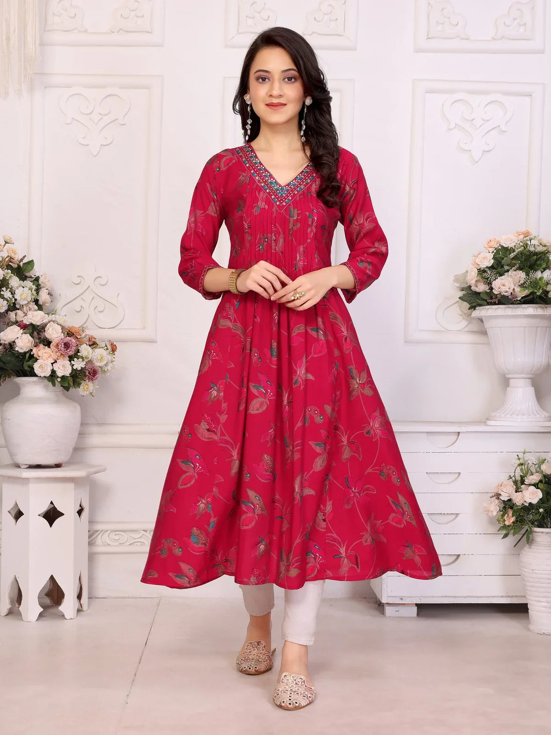 Buy Viscose poly Embroidered Anarkali Calf Length Kurta-Red