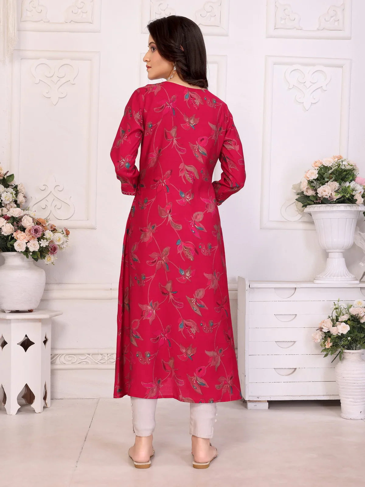 Buy Viscose poly Embroidered Anarkali Calf Length Kurta-Red