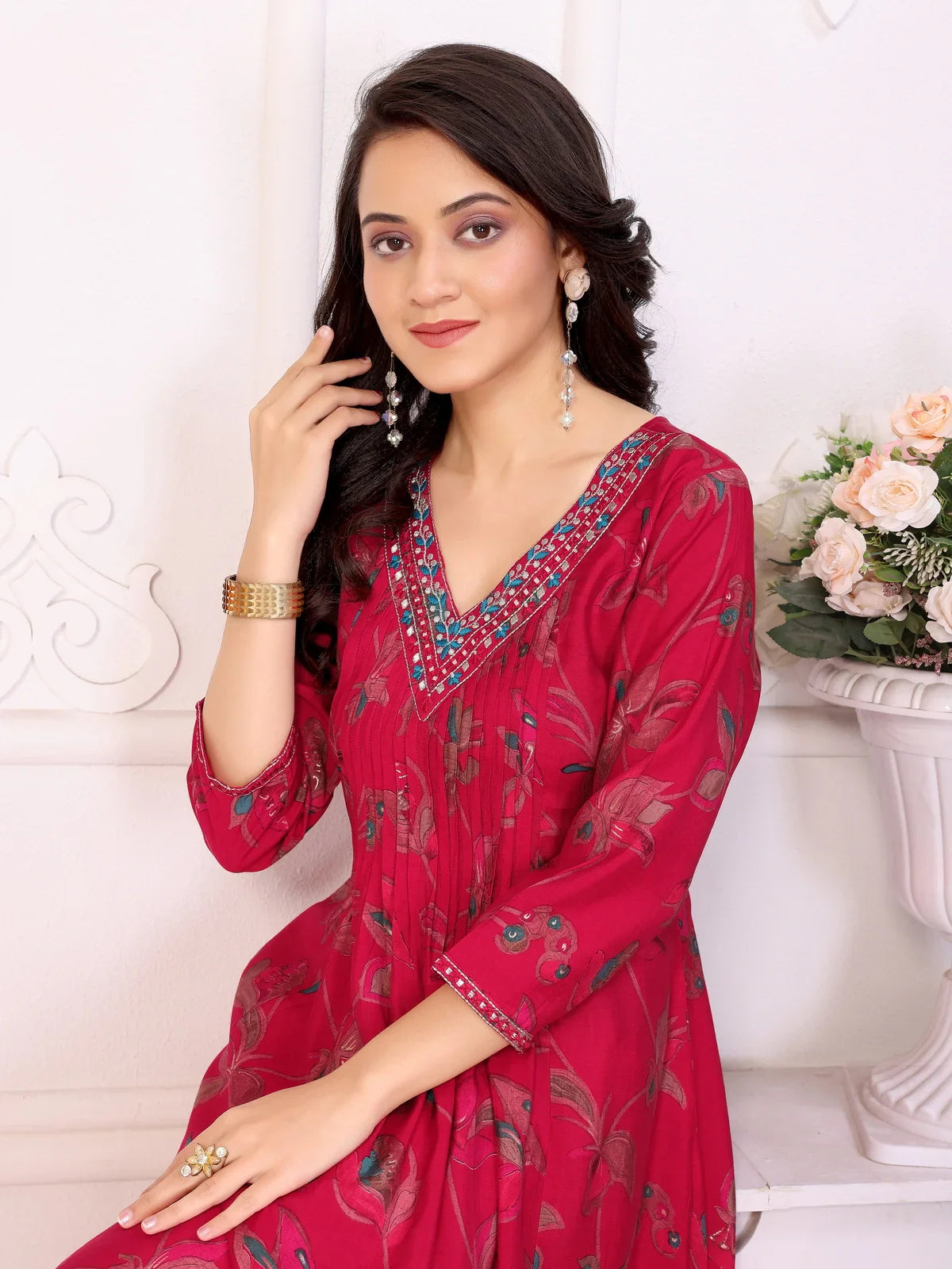 Buy Viscose poly Embroidered Anarkali Calf Length Kurta-Red