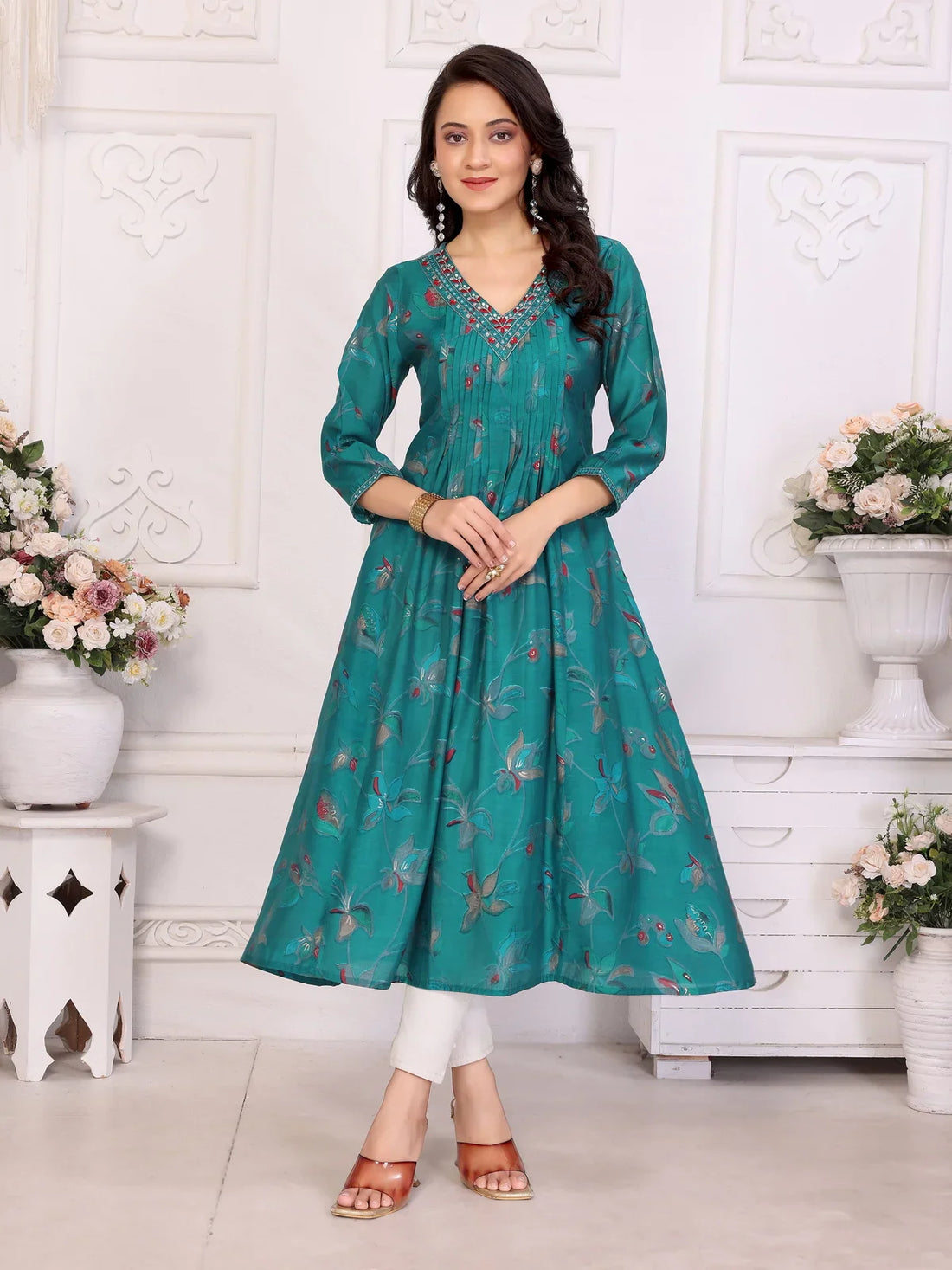 Buy Viscose poly Embroidered Anarkali Calf Length Kurta-Teal