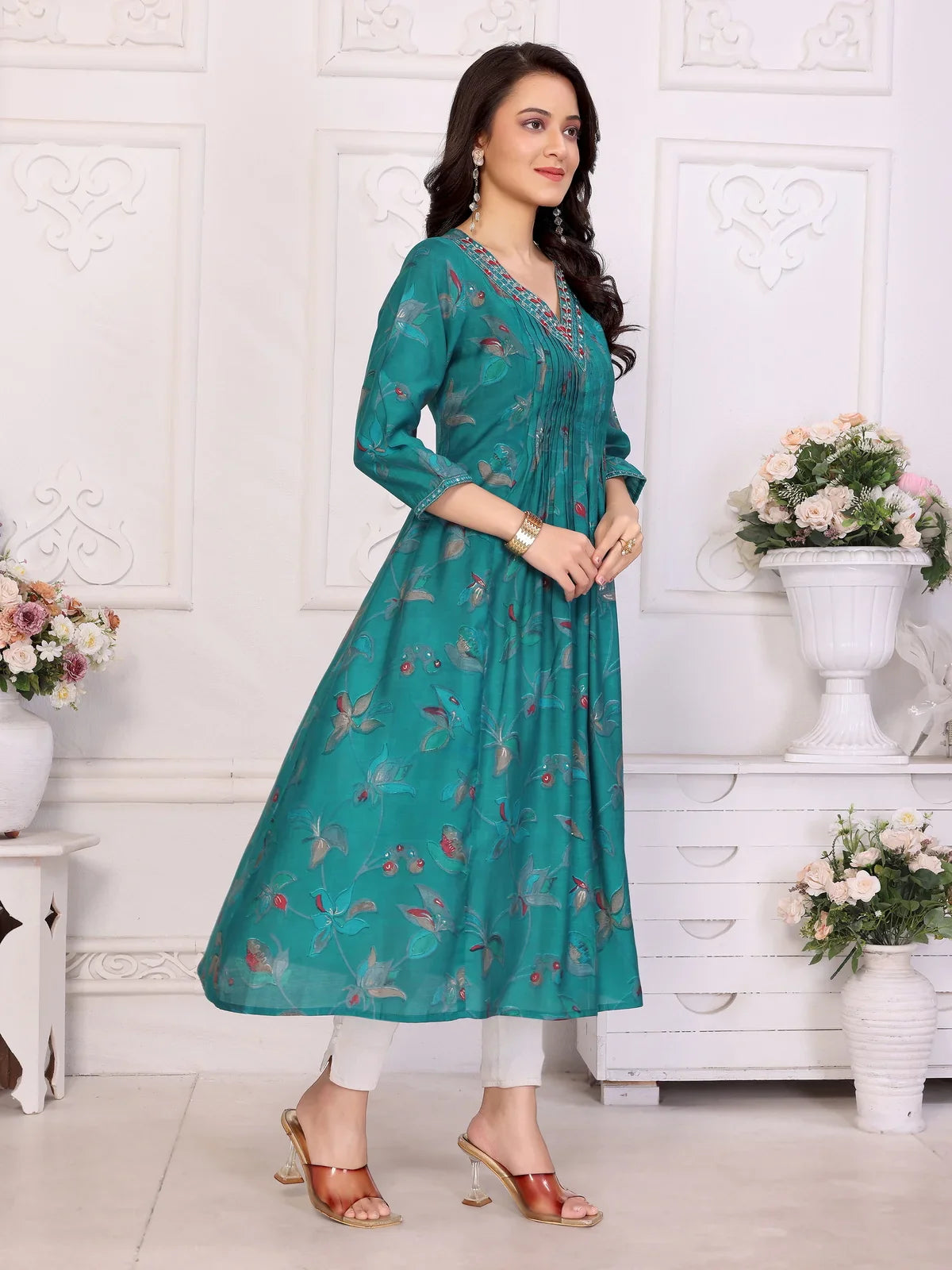 Buy Viscose poly Embroidered Anarkali Calf Length Kurta-Teal