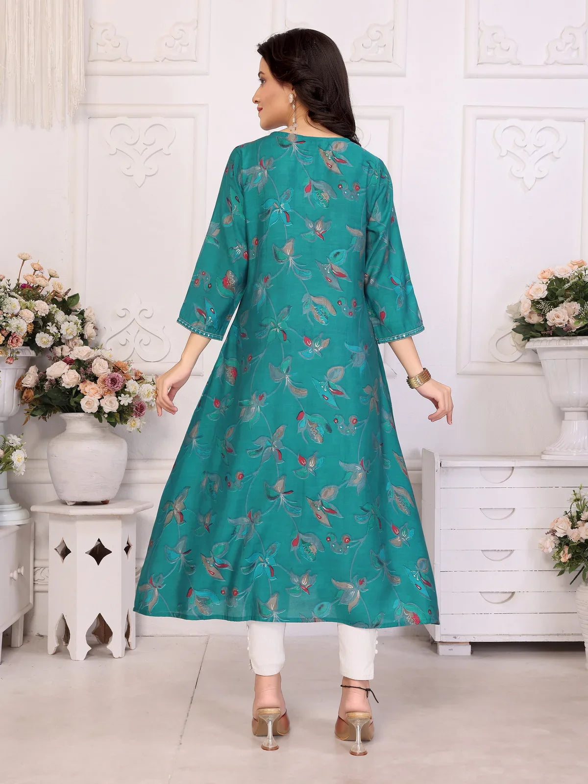 Buy Viscose poly Embroidered Anarkali Calf Length Kurta-Teal