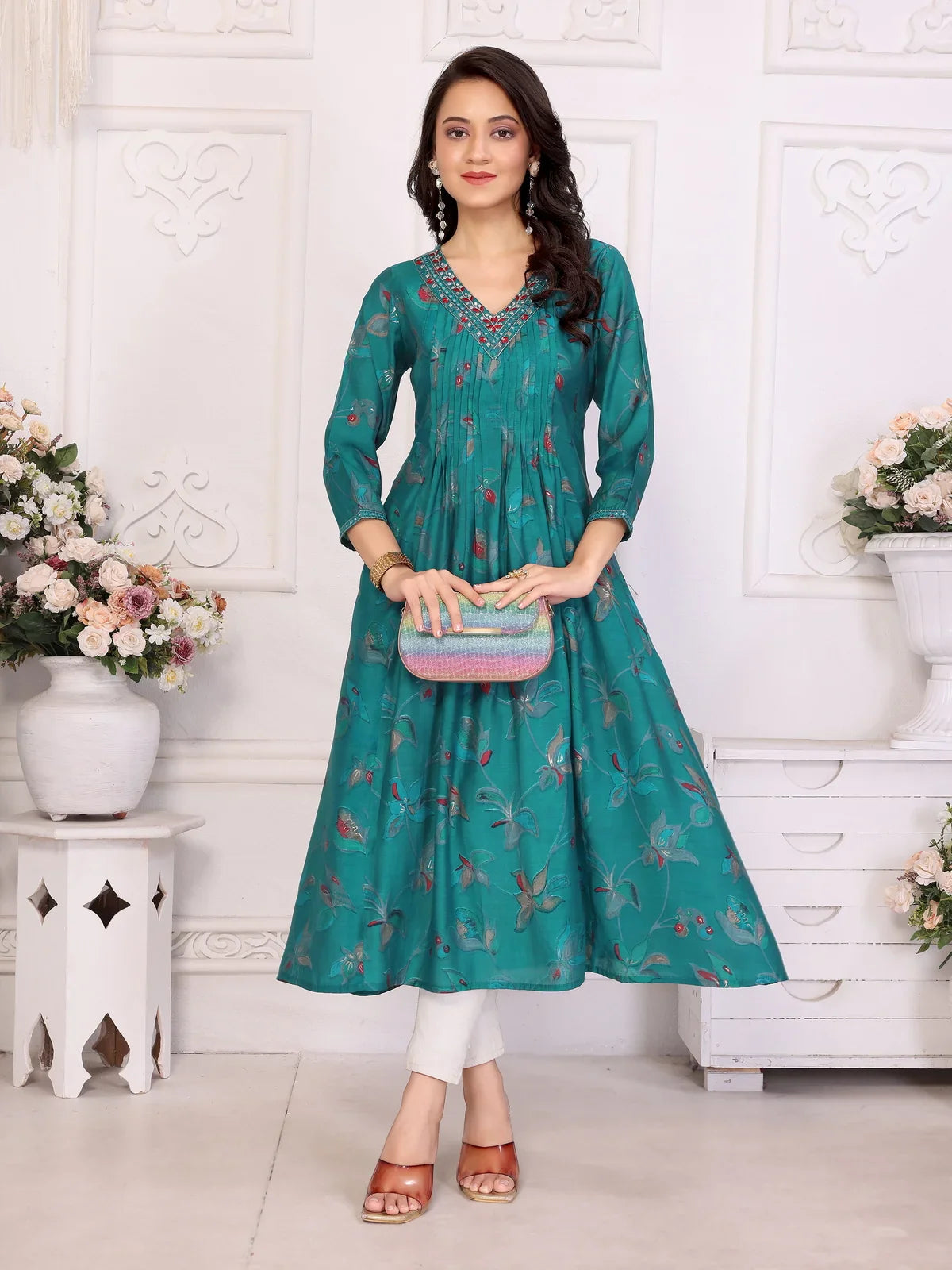 Buy Viscose poly Embroidered Anarkali Calf Length Kurta-Teal