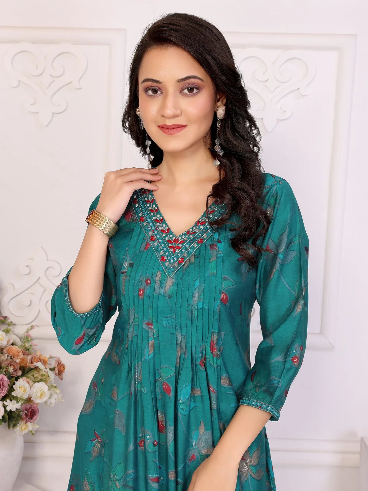 Buy Viscose poly Embroidered Anarkali Calf Length Kurta-Teal