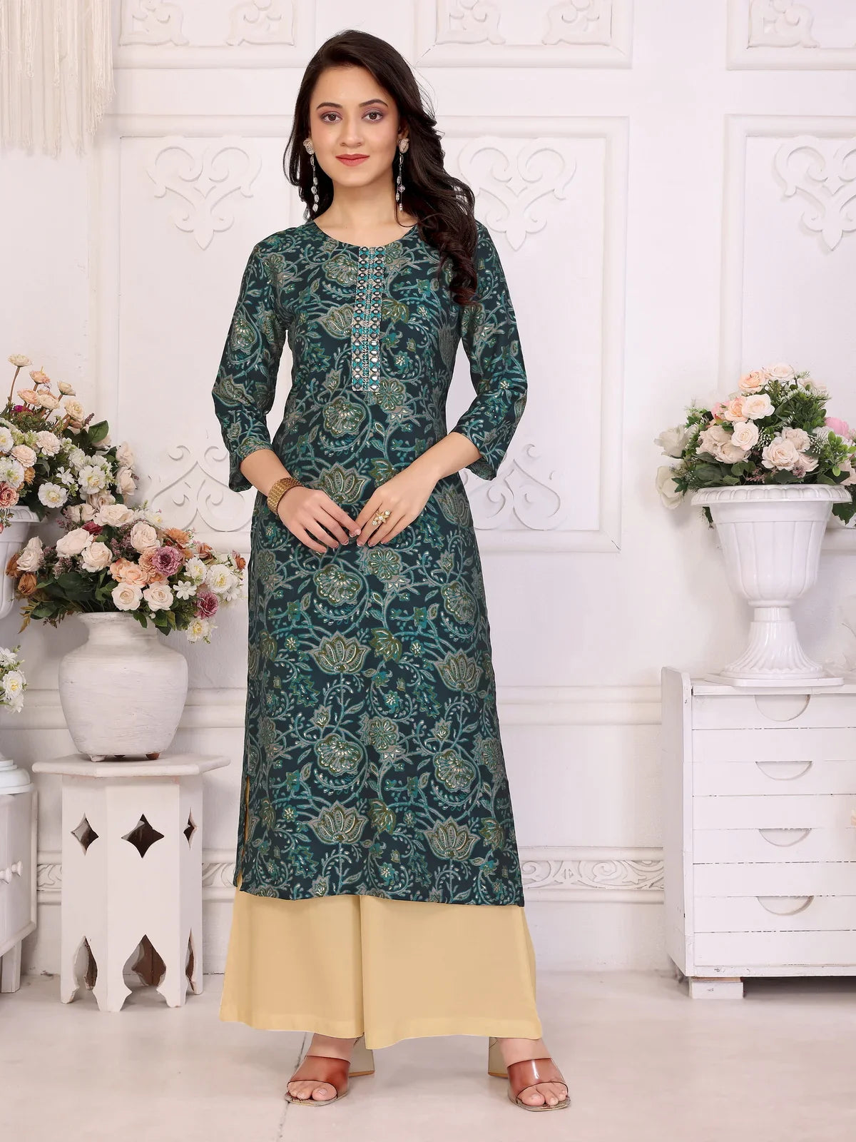 Buy Viscose poly Embroidered Straight Calf Length Kurta-Navy Blue