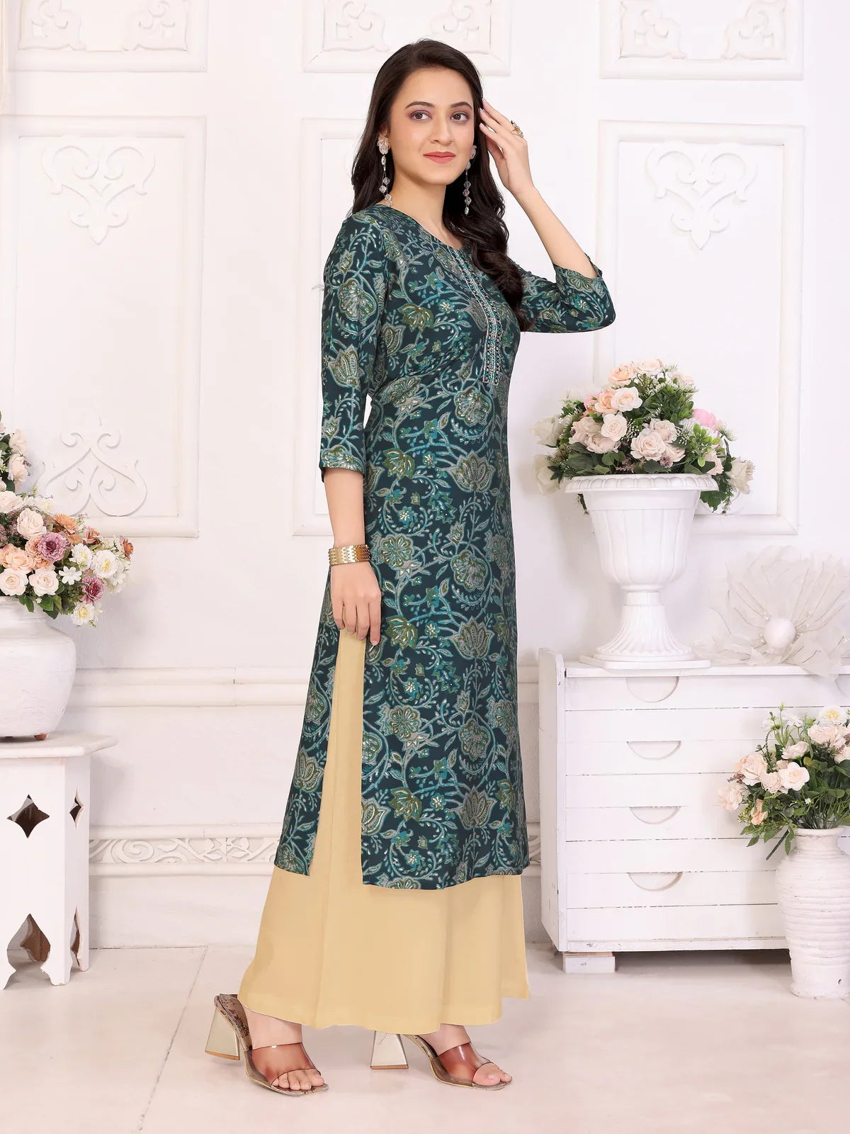 Buy Viscose poly Embroidered Straight Calf Length Kurta-Navy Blue