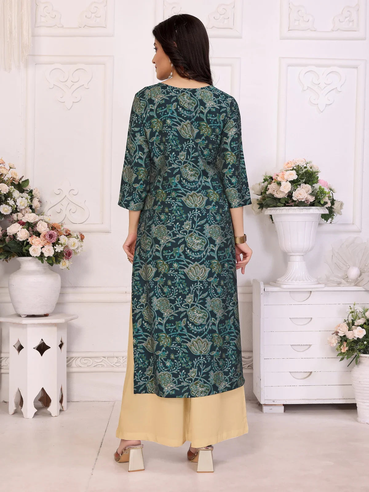 Buy Viscose poly Embroidered Straight Calf Length Kurta-Navy Blue