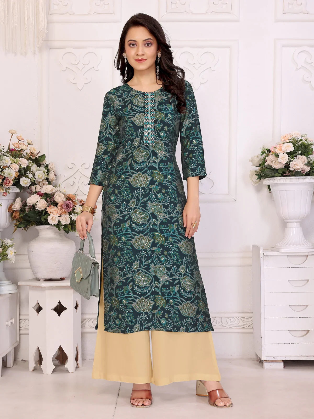 Buy Viscose poly Embroidered Straight Calf Length Kurta-Navy Blue