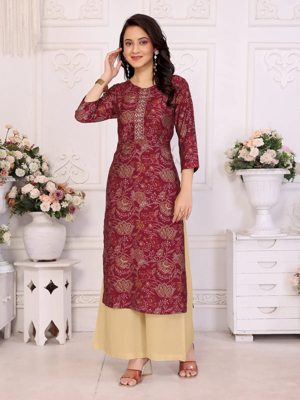 Buy Viscose poly Embroidered Straight Calf Length Kurta-Red