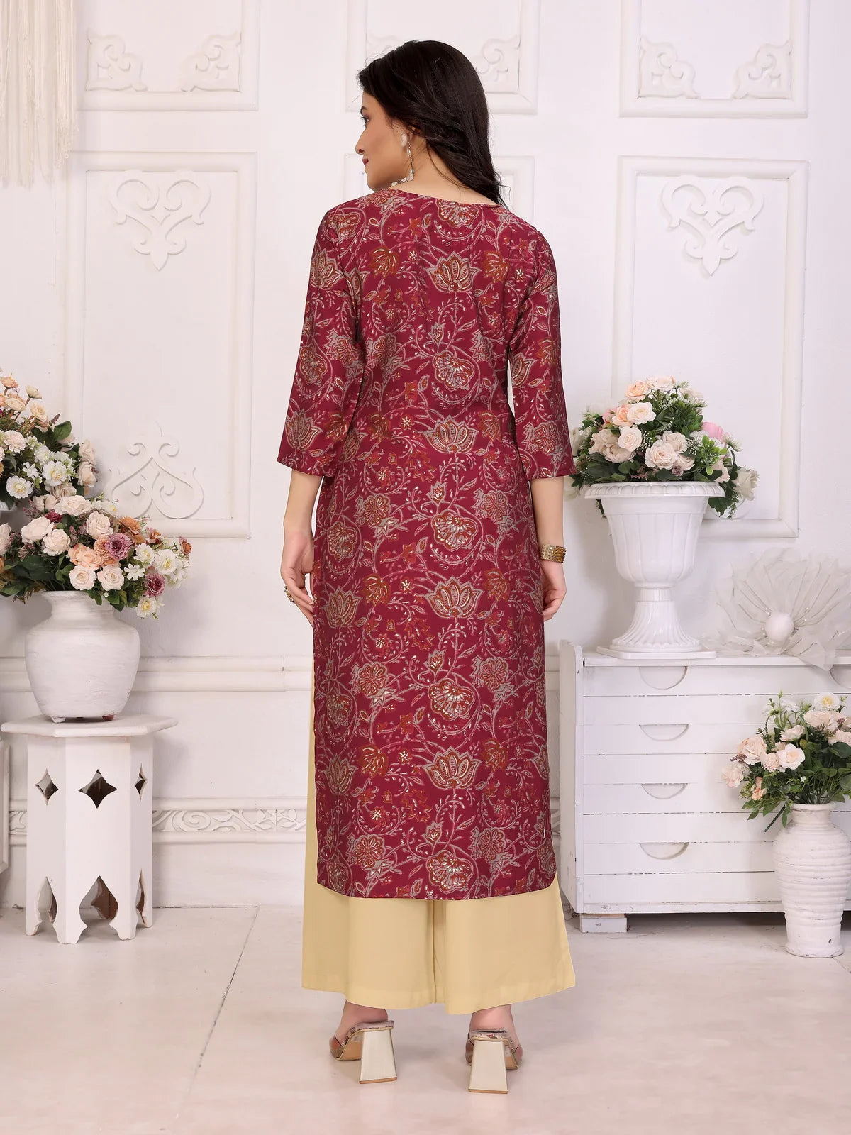 Buy Viscose poly Embroidered Straight Calf Length Kurta-Red