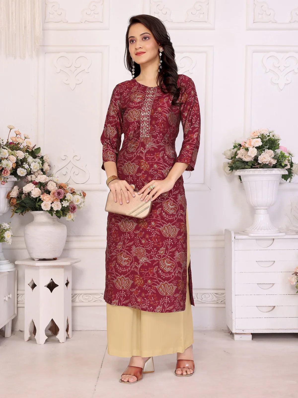 Buy Viscose poly Embroidered Straight Calf Length Kurta-Red