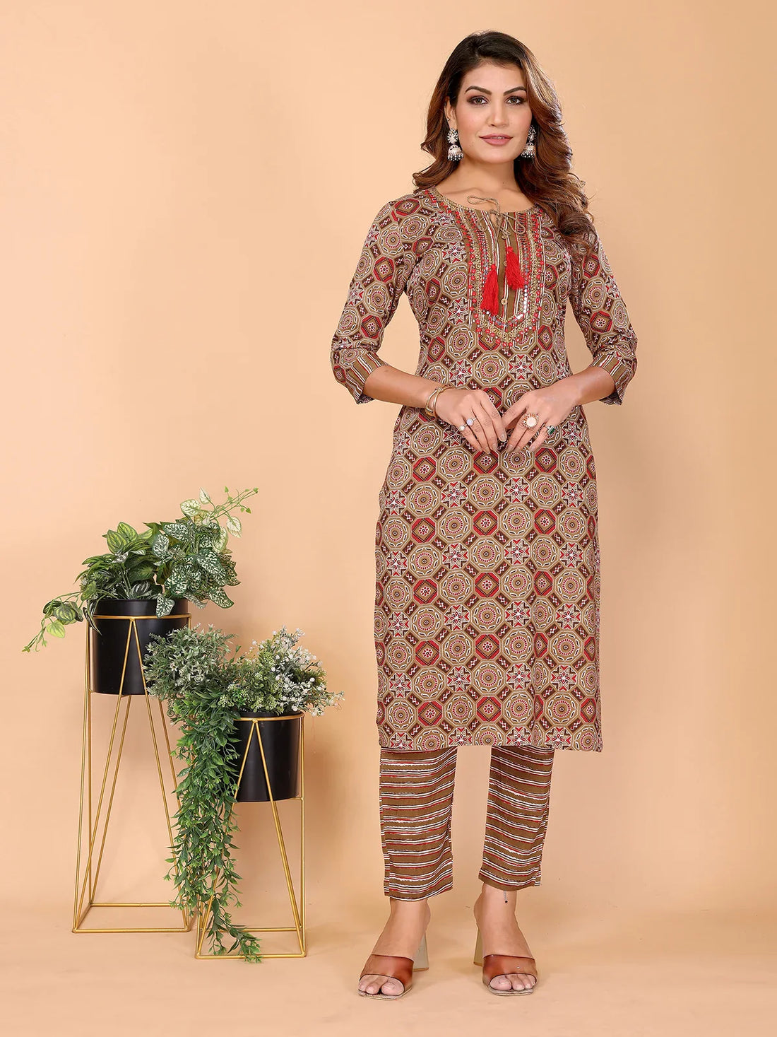 Buy Rayon Embroidered Straight Calf Length Kurta with Pant-Brown