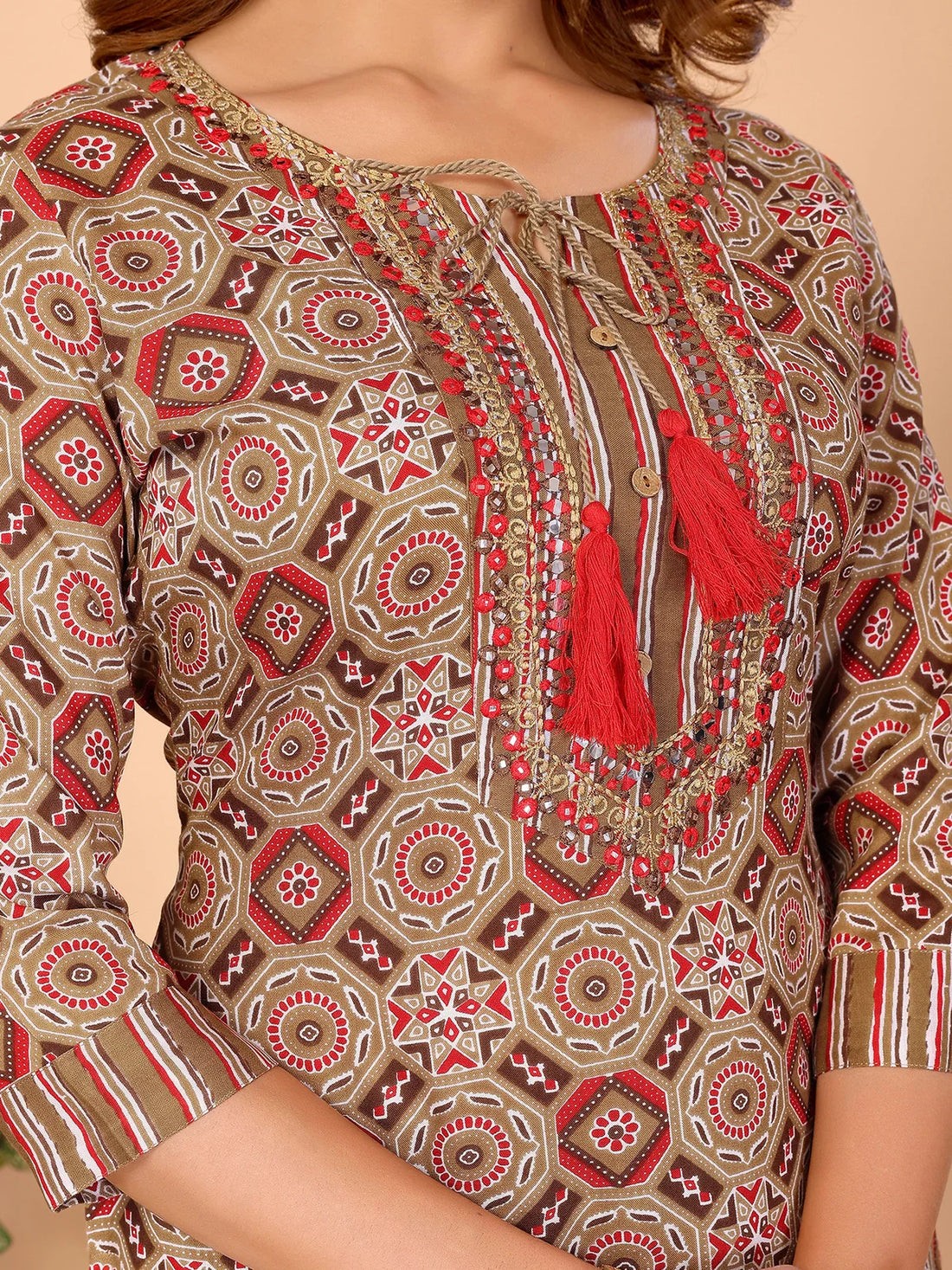 Buy Rayon Embroidered Straight Calf Length Kurta with Pant-Brown