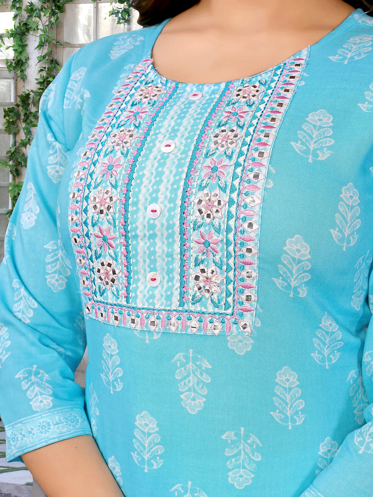 Buy Rayon Embroidered Straight Calf Length Kurta with Pant-Light Blue