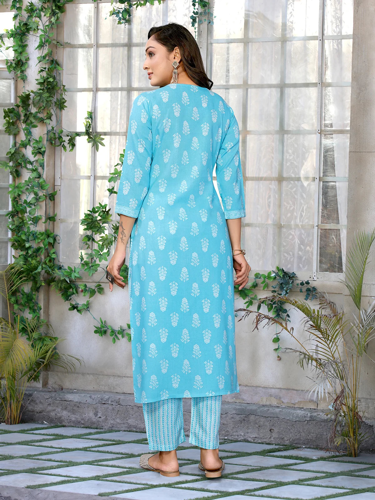 Buy Rayon Embroidered Straight Calf Length Kurta with Pant-Light Blue