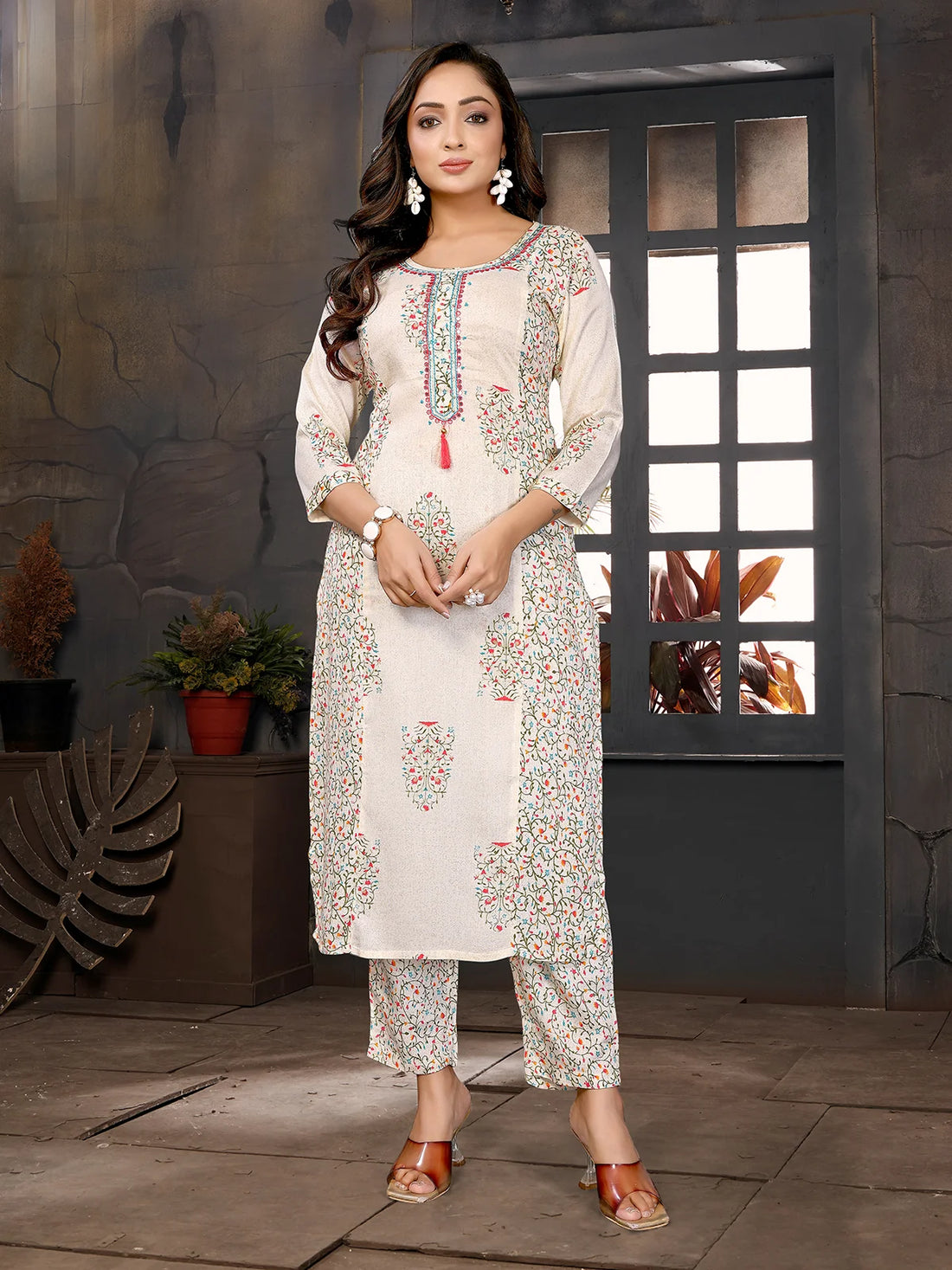 Buy Rayon Embroidered Straight Calf Length Kurta with Pant-Beige
