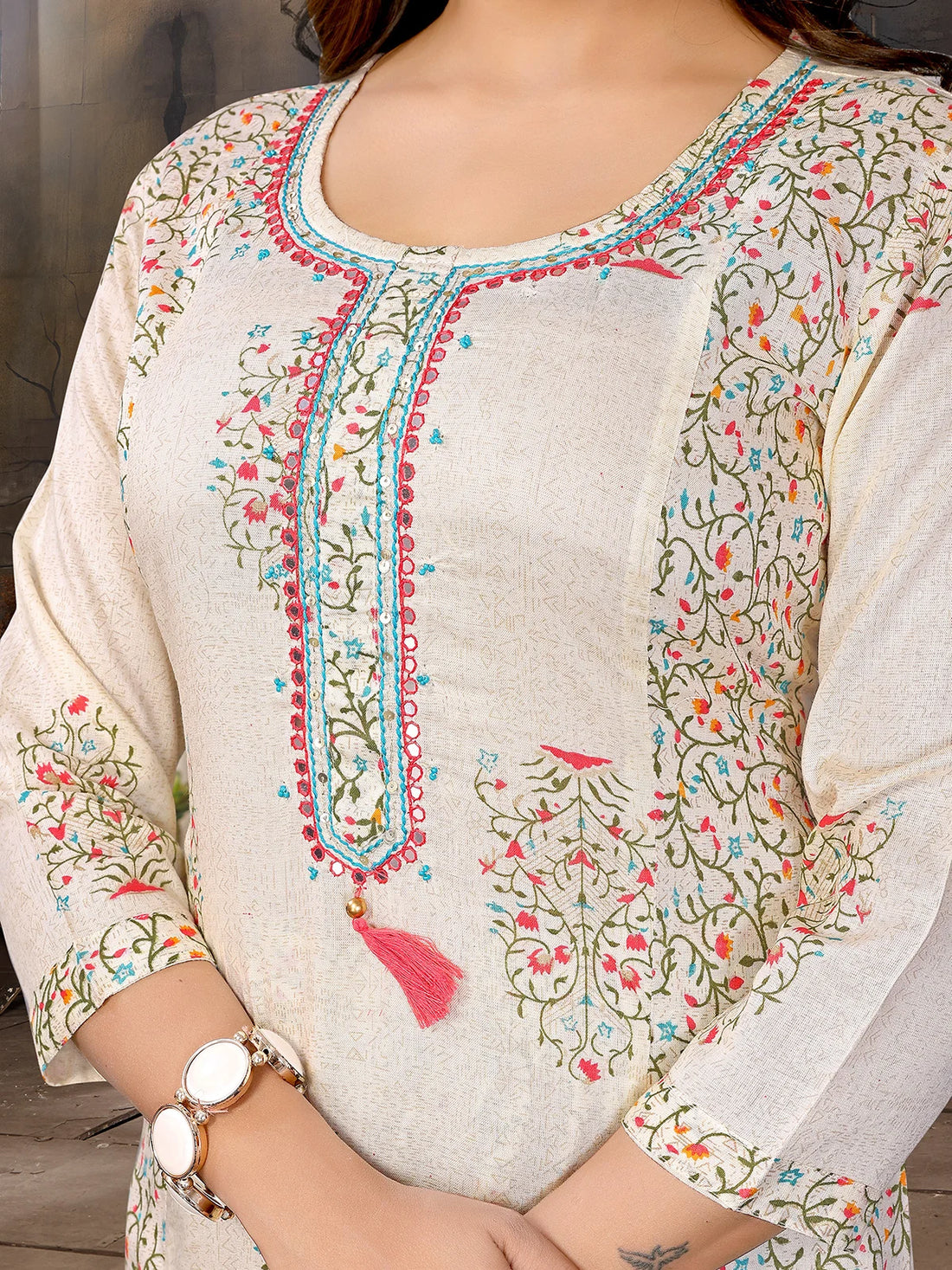 Buy Rayon Embroidered Straight Calf Length Kurta with Pant-Beige