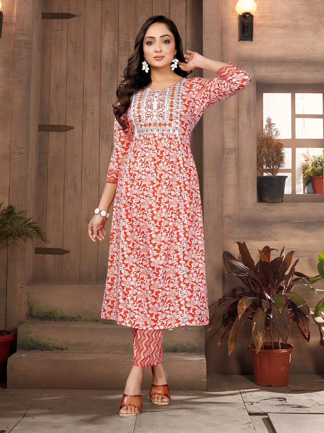 Buy Rayon Embroidered Straight Calf Length Kurta with Pant-Orange