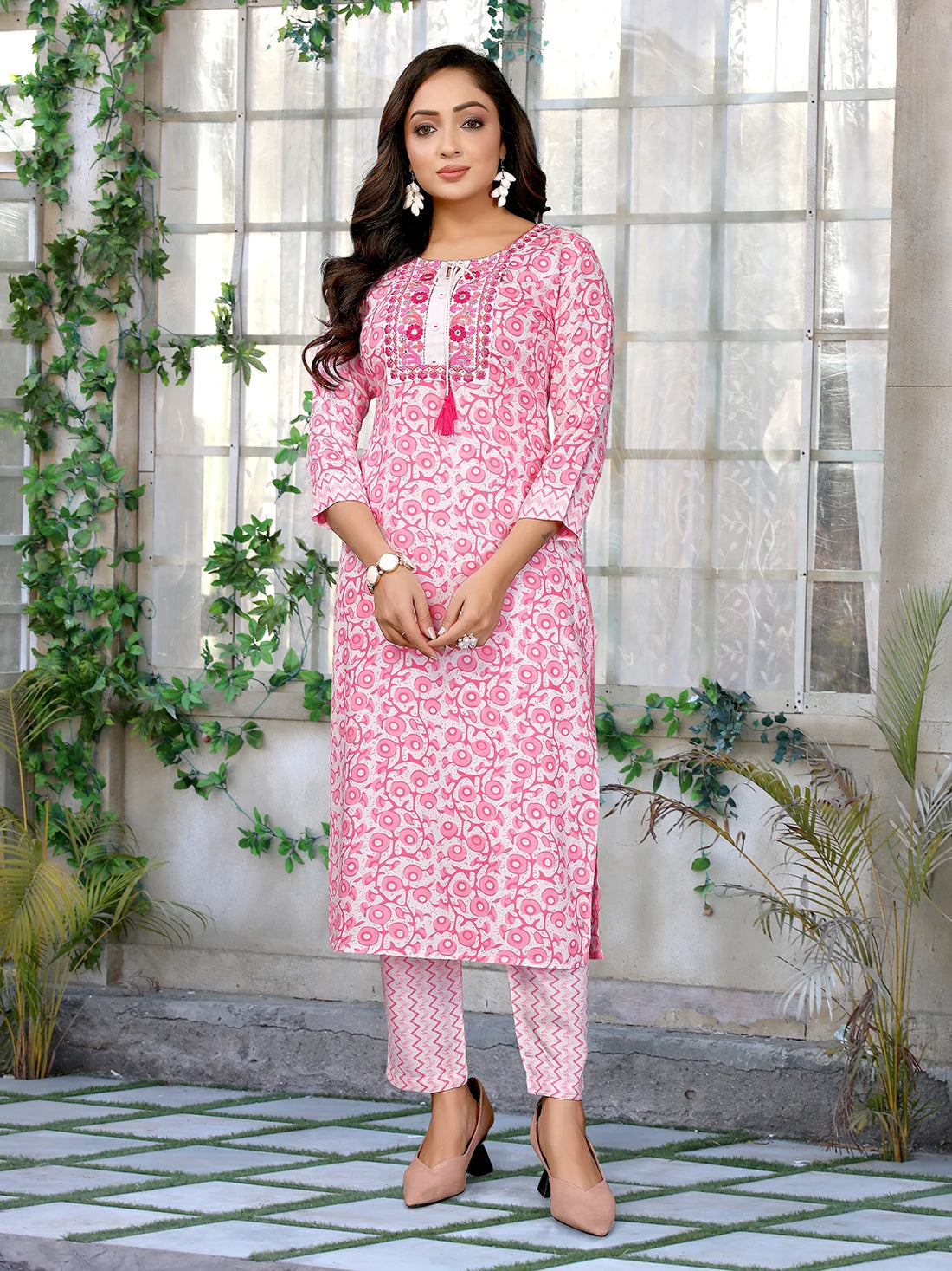 Buy Rayon Embroidered Straight Calf Length Kurta with Pant-Pink