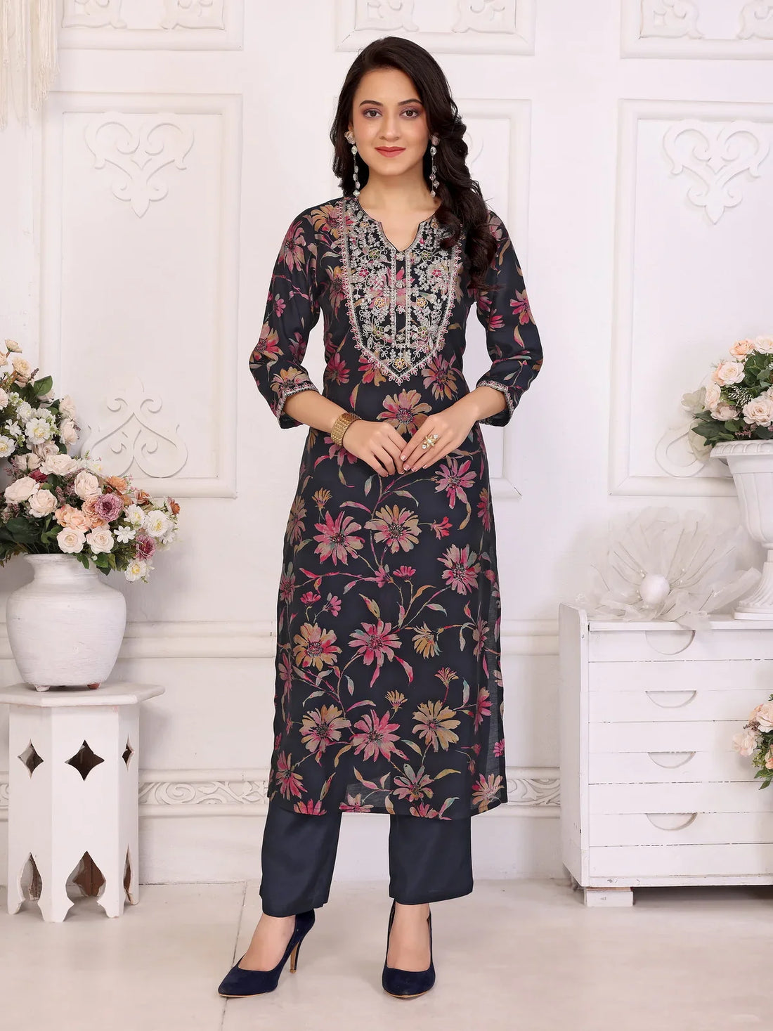 Buy Viscose Embroidered Straight Calf Length Kurta with Pant-Navy Blue