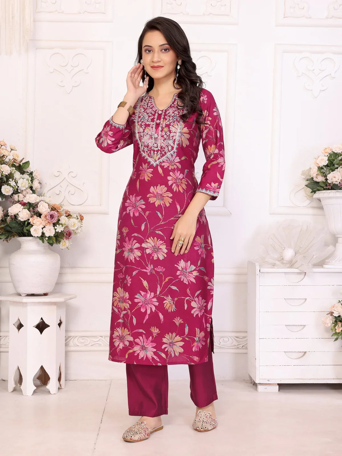 Buy Viscose Embroidered Straight Calf Length Kurta with Pant-Maroon