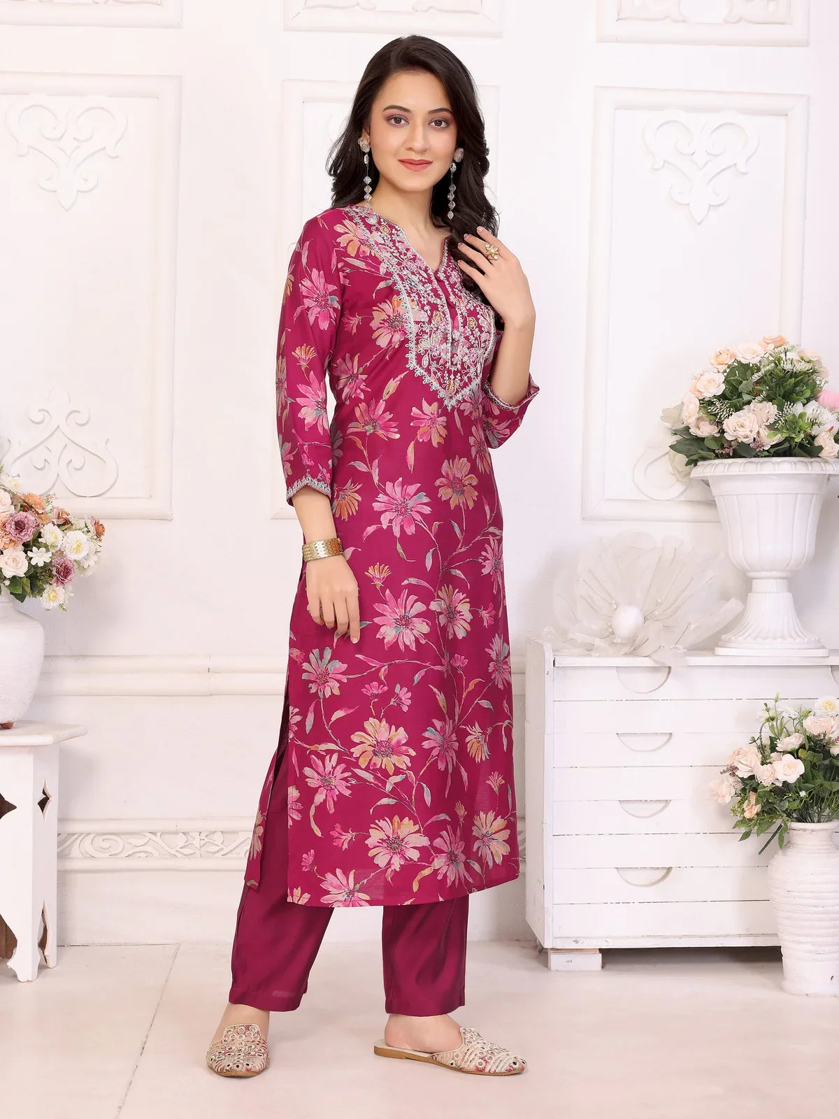 Buy Viscose Embroidered Straight Calf Length Kurta with Pant-Maroon