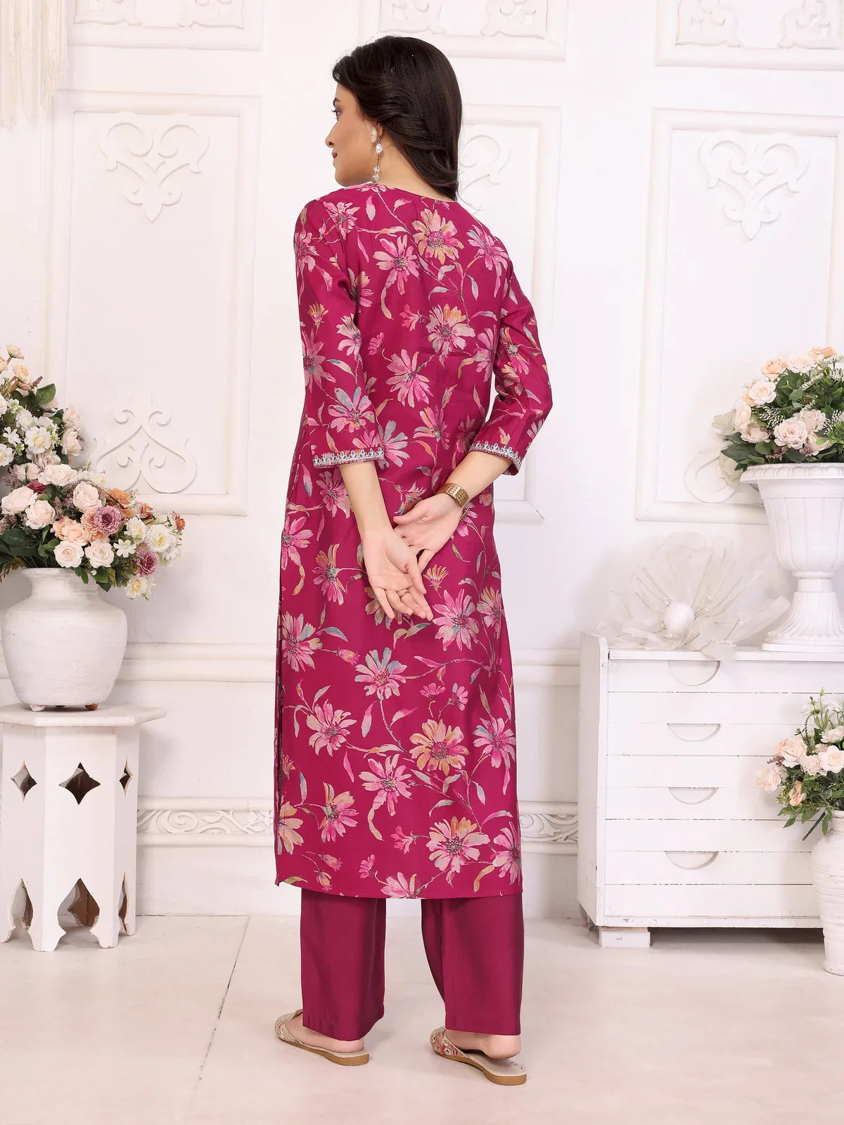 Buy Viscose Embroidered Straight Calf Length Kurta with Pant-Maroon