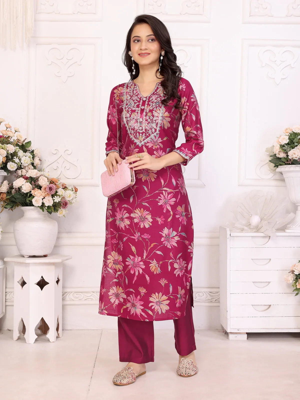 Buy Viscose Embroidered Straight Calf Length Kurta with Pant-Maroon