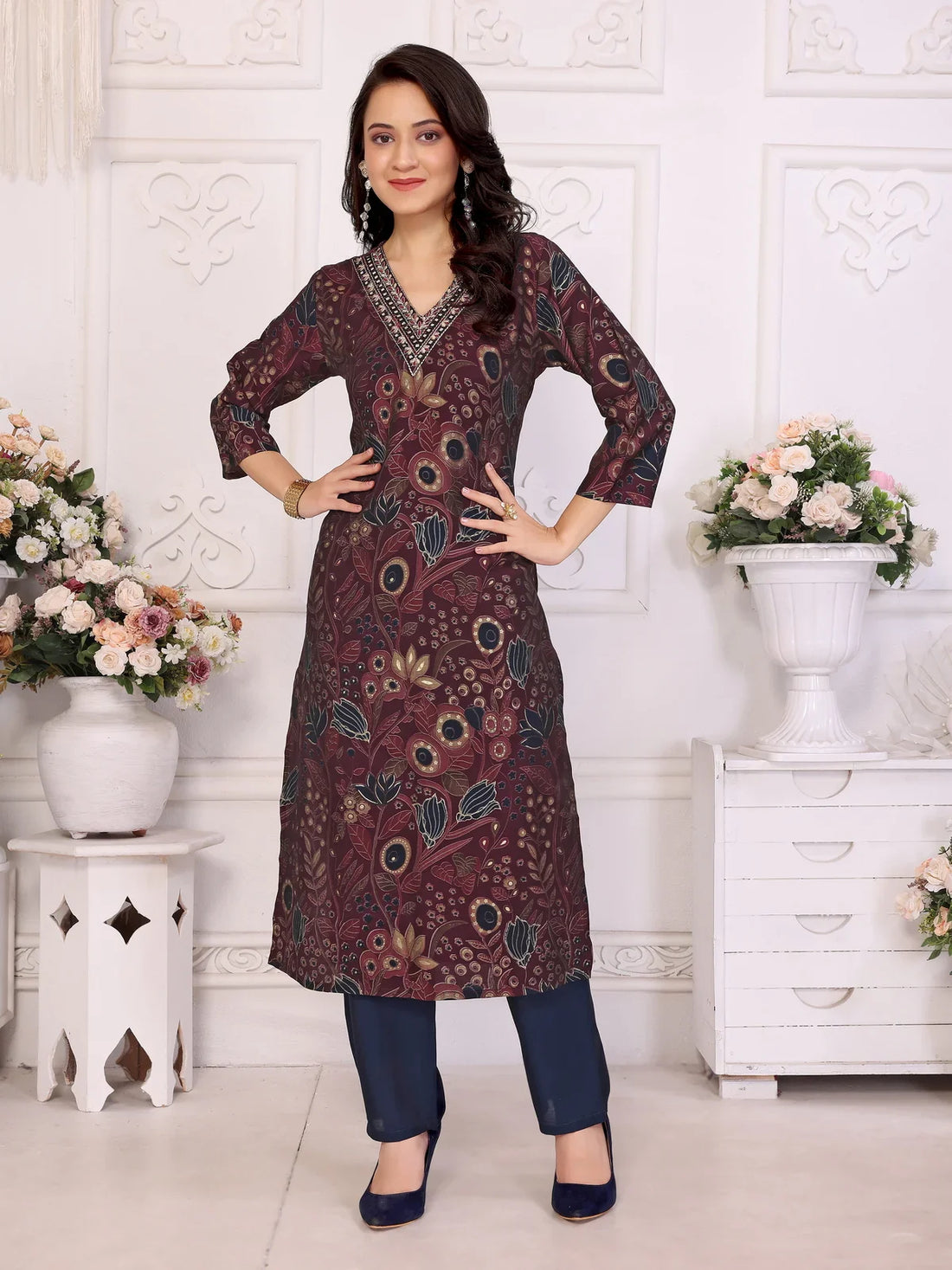 Buy Viscose Embroidered Straight Calf Length Kurta with Pant-Wine