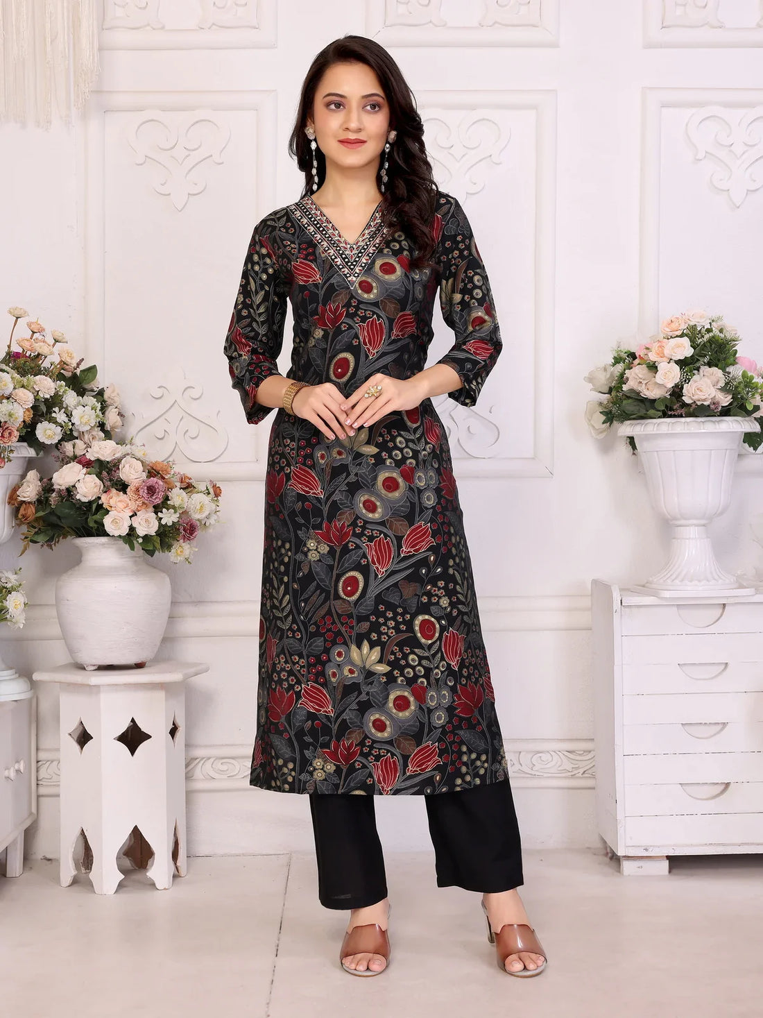 Buy Viscose Embroidered Straight Calf Length Kurta with Pant-Black