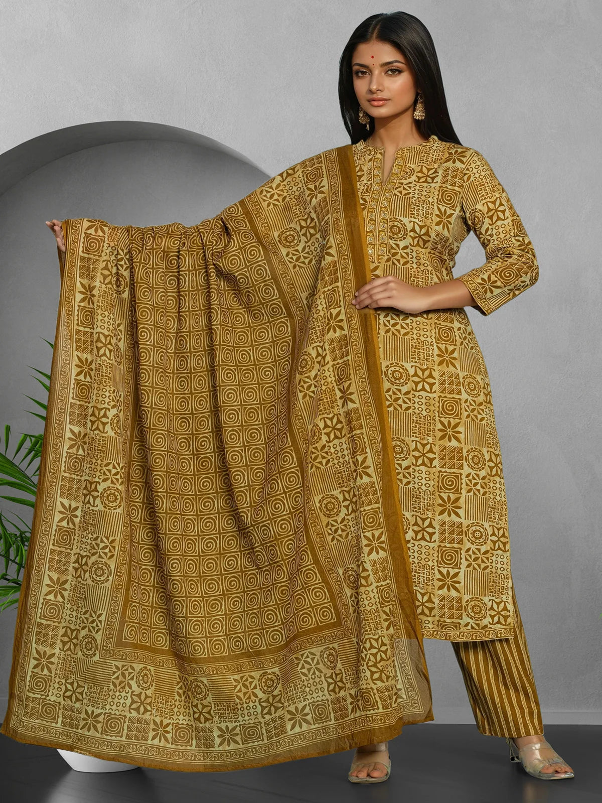 Buy Cotton Embroidered Straight Calf Length Kurta with Pant and Dupatta-Mustard
