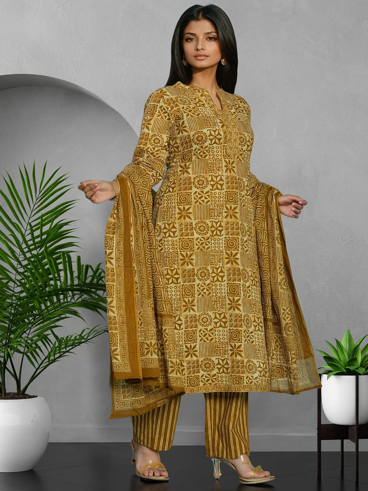 Buy Cotton Embroidered Straight Calf Length Kurta with Pant and Dupatta-Mustard
