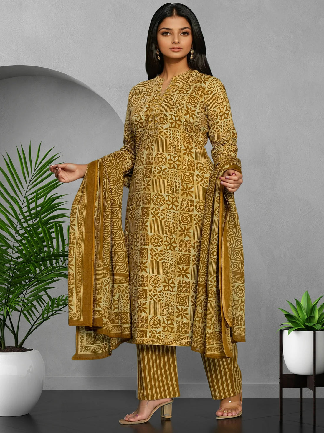 Buy Cotton Embroidered Straight Calf Length Kurta with Pant and Dupatta-Mustard