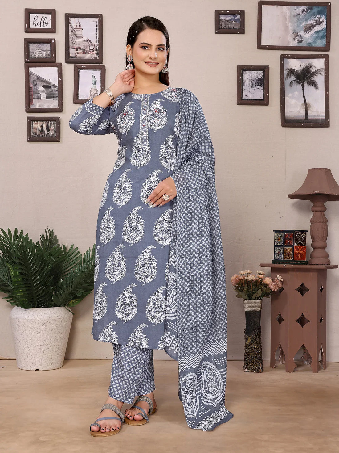 Buy Cotton Embellished Straight Calf Length Kurta with Pant and Dupatta-Grey