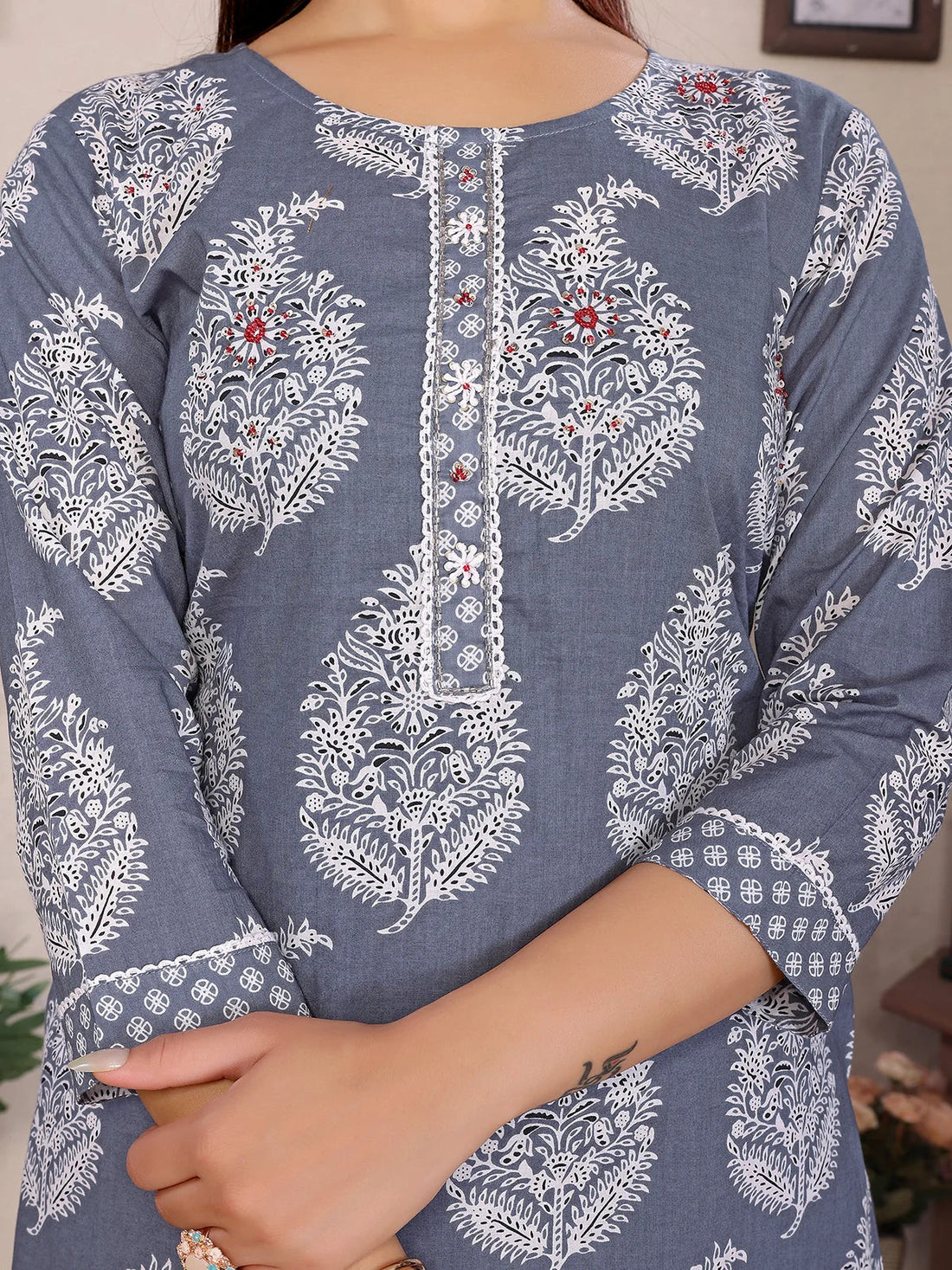 Buy Cotton Embellished Straight Calf Length Kurta with Pant and Dupatta-Grey