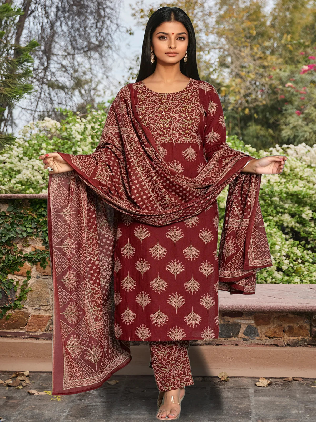 Buy Cotton Embroidered Straight Calf Length Kurta with Pant and Dupatta-Maroon