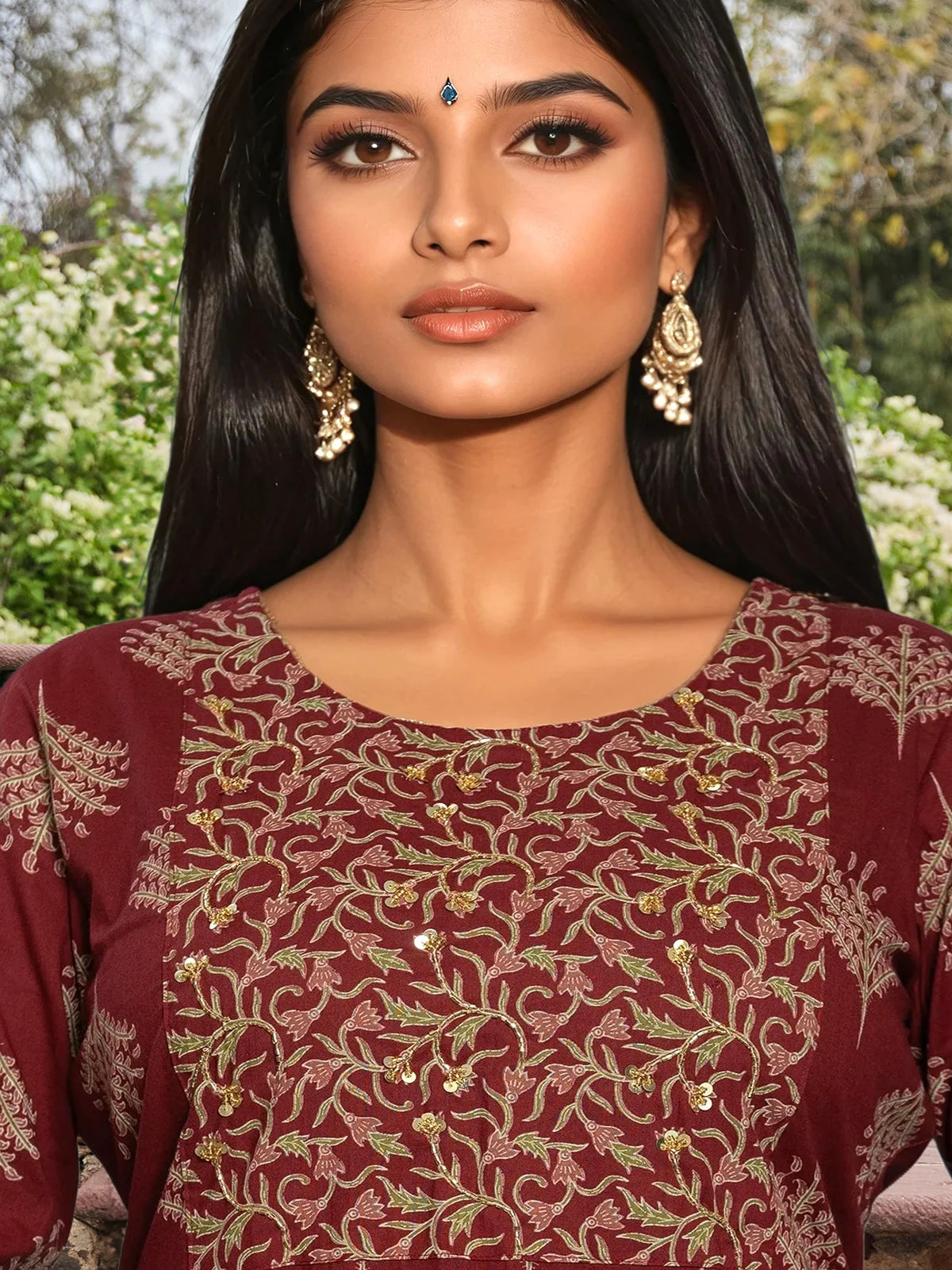 Buy Cotton Embroidered Straight Calf Length Kurta with Pant and Dupatta-Maroon
