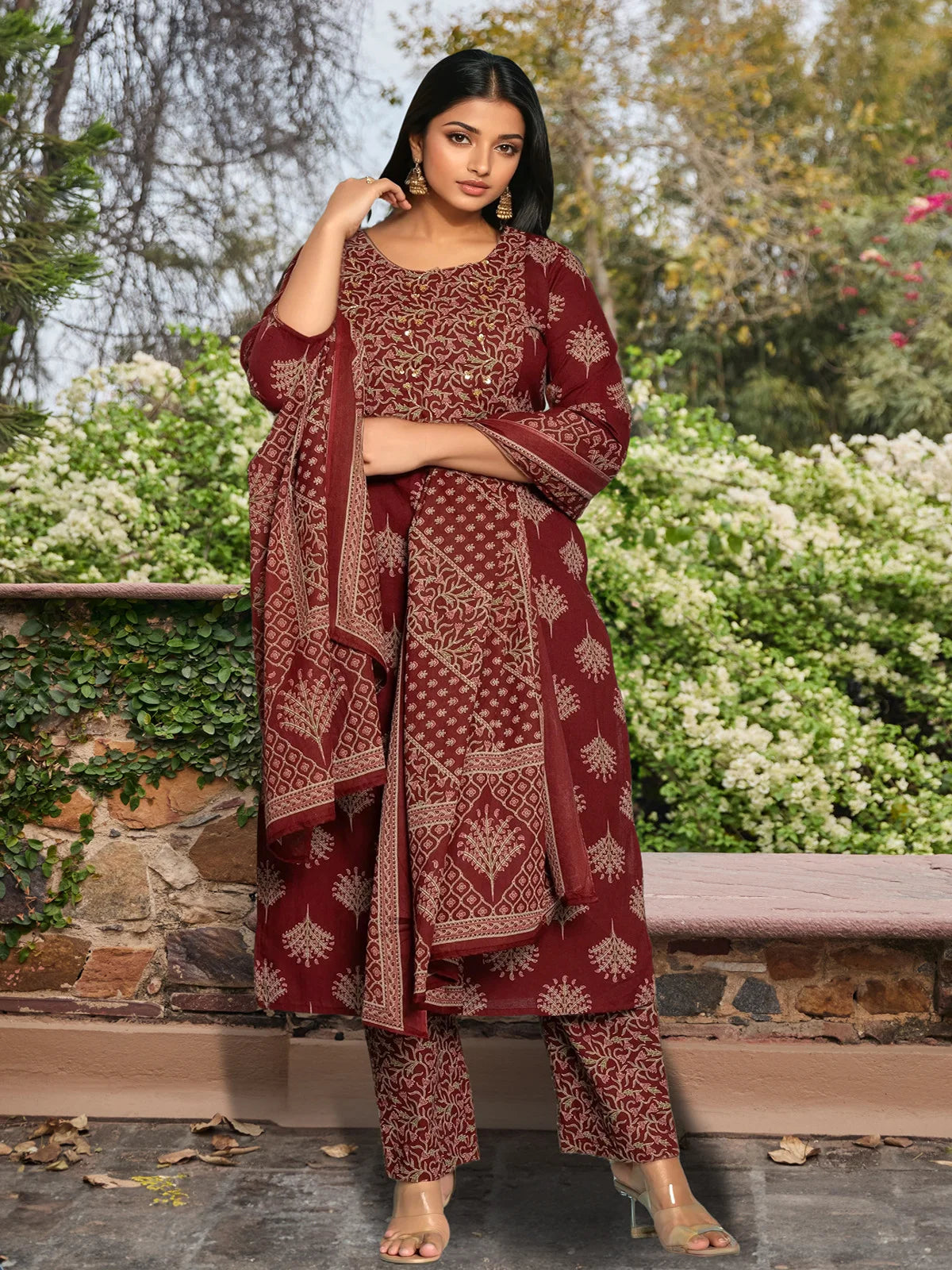 Buy Cotton Embroidered Straight Calf Length Kurta with Pant and Dupatta-Maroon