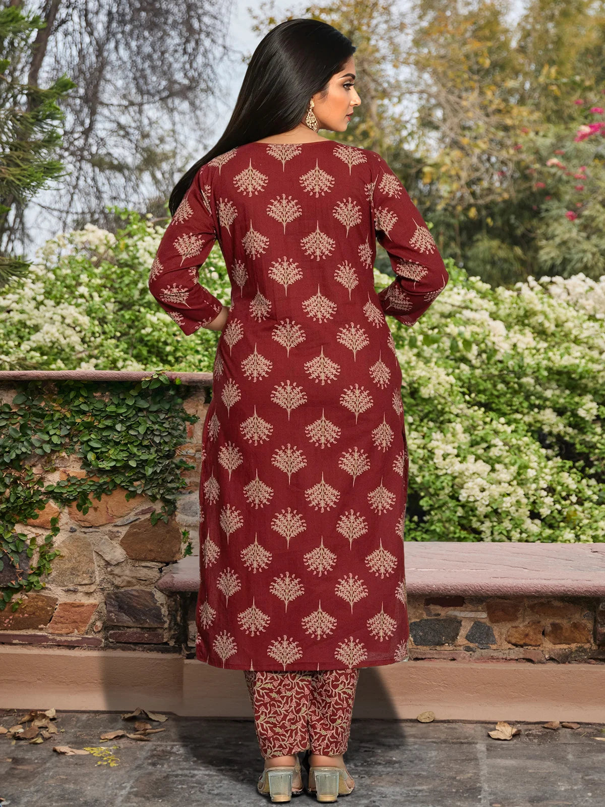 Buy Cotton Embroidered Straight Calf Length Kurta with Pant and Dupatta-Maroon