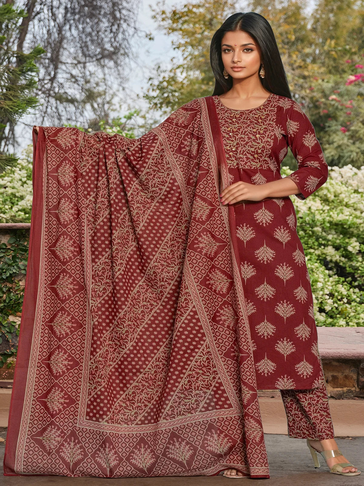 Buy Cotton Embroidered Straight Calf Length Kurta with Pant and Dupatta-Maroon