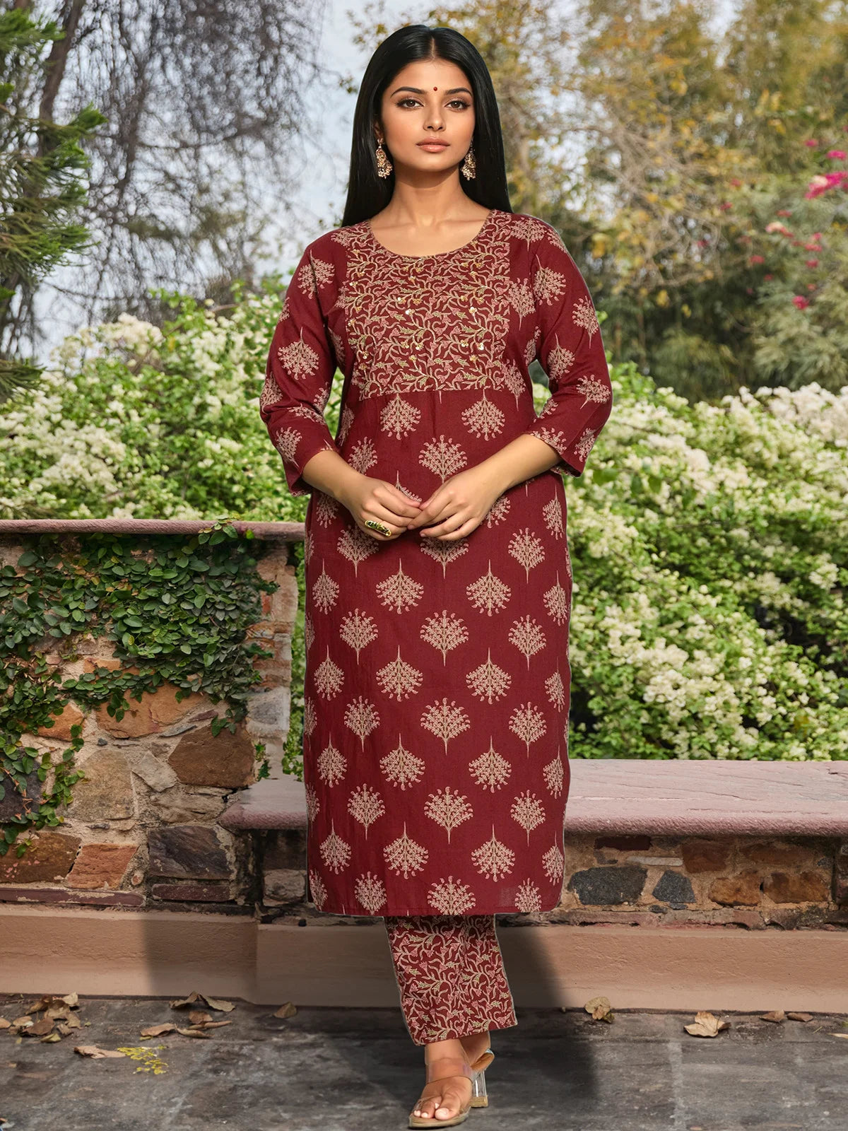 Buy Cotton Embroidered Straight Calf Length Kurta with Pant and Dupatta-Maroon