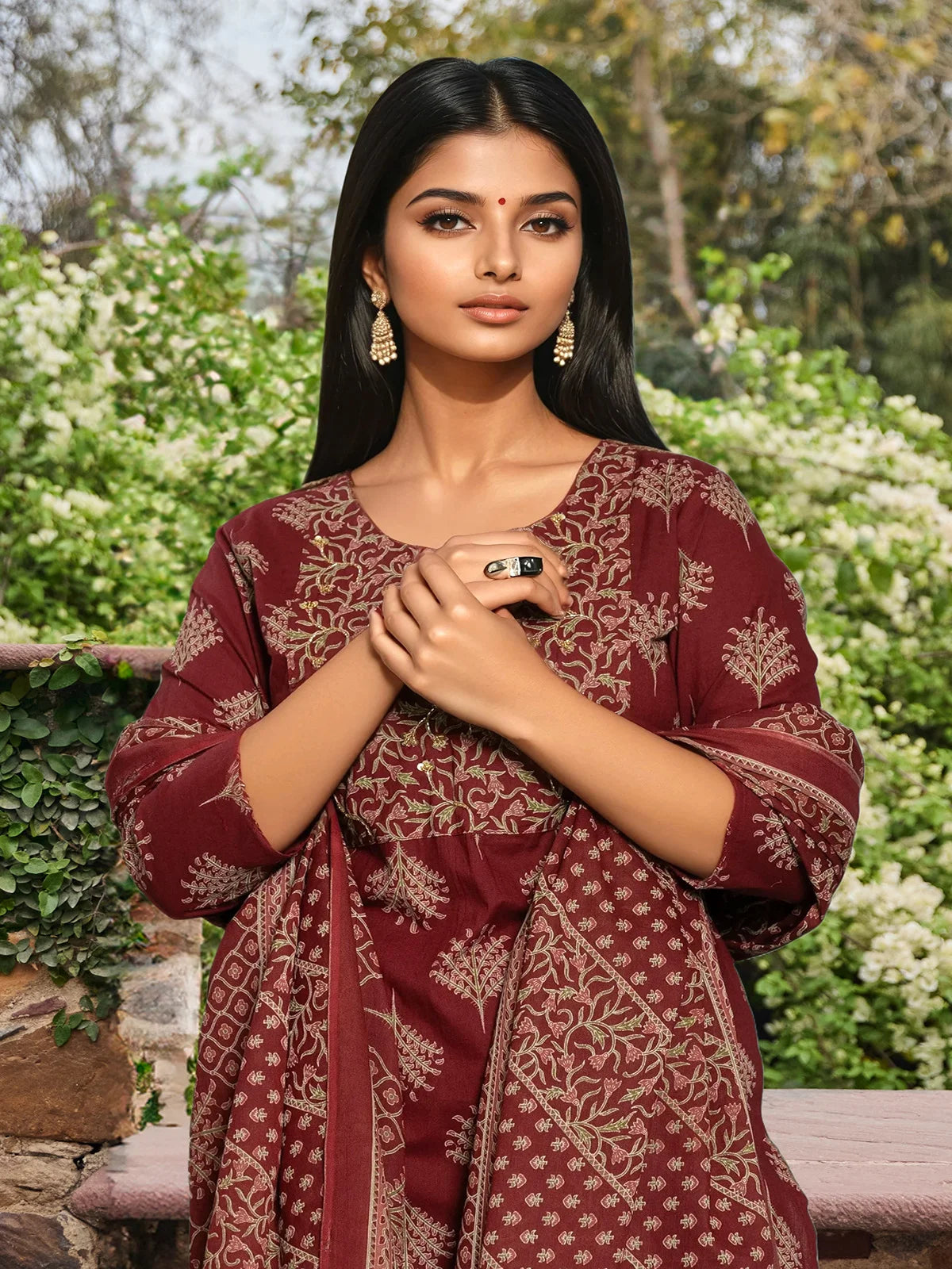 Buy Cotton Embroidered Straight Calf Length Kurta with Pant and Dupatta-Maroon